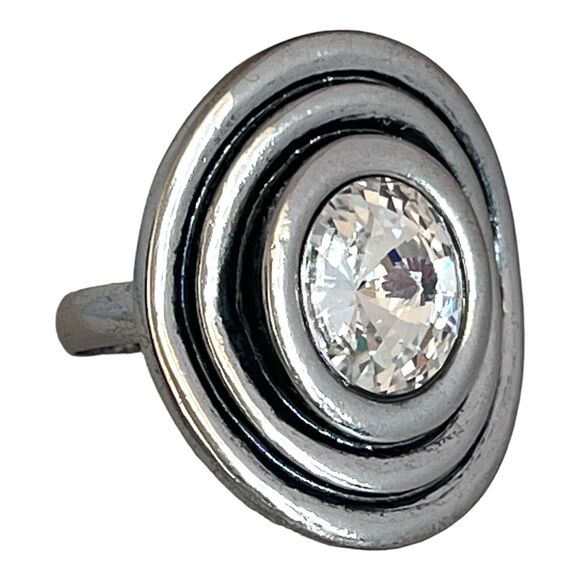 DESIGNER STATEMENT RING Size 5 Silver Clear Rivoli Crystal Enamel Adjustable 5Z - Picture 1 of 7